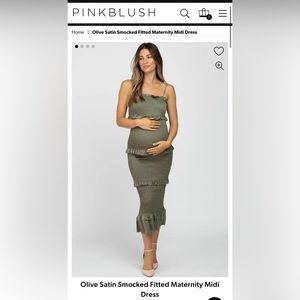 Olive Satin Smocked Fitted Maternity Midi Dress PinkBlush
